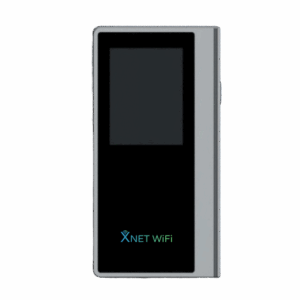 A front-facing view of a silver and black XNET WiFi portable hotspot device. The device has a dark rectangular screen at the top and the "XNET WiFi" logo in light blue text at the bottom.