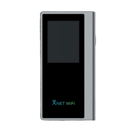 A front-facing view of a silver and black XNET WiFi portable hotspot device. The device has a dark rectangular screen at the top and the "XNET WiFi" logo in light blue text at the bottom.