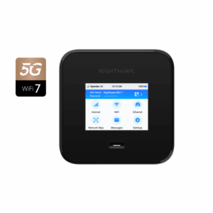 Sleek square 5G Router with WiFi 7 Symbol and the Nighthawk logo present. Touch screen display shows various functions and configuration options.