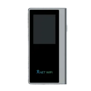 A front-facing view of a silver and black XNET WIFI portable hotspot device. The device has a dark rectangular screen at the top and the "XNET WIFI" logo in light blue text at the bottom.