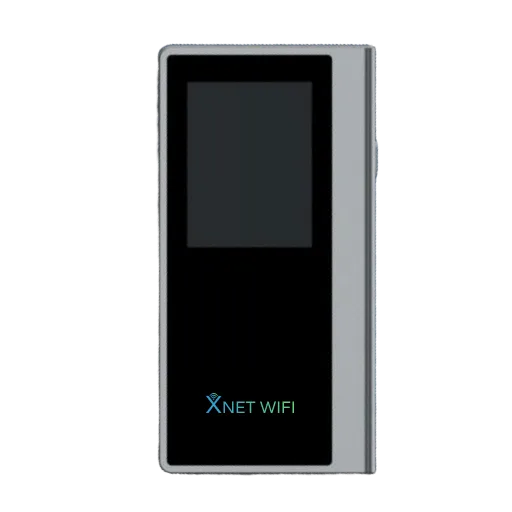 A front-facing view of a silver and black XNET WIFI portable hotspot device. The device has a dark rectangular screen at the top and the "XNET WIFI" logo in light blue text at the bottom.