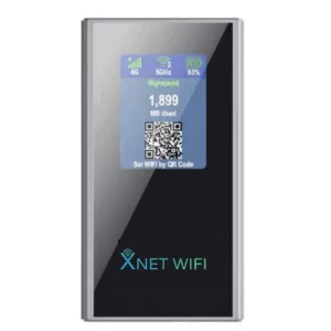 A silver and black Xplorer Hotspot device with its screen illuminated, displaying "4G", "5GHz", battery life (93%), "Highspeed", "1,899 MB Used", and a QR code with "Set WiFi by QR Code" below it. The XNET WIFI logo is visible at the bottom of the device.
