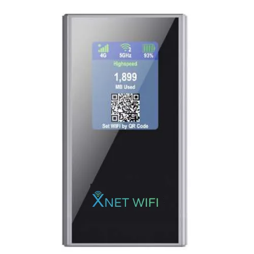 A silver and black Xplorer Hotspot device with its screen illuminated, displaying "4G", "5GHz", battery life (93%), "Highspeed", "1,899 MB Used", and a QR code with "Set WiFi by QR Code" below it. The XNET WIFI logo is visible at the bottom of the device.