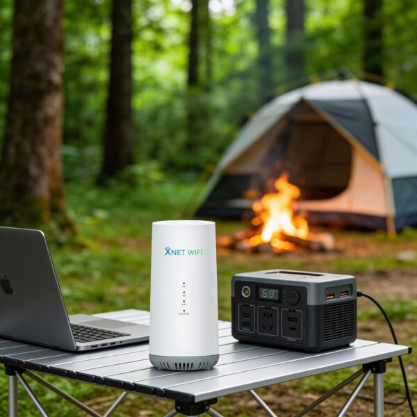 Digital nomad with XNET 5G router outdoors