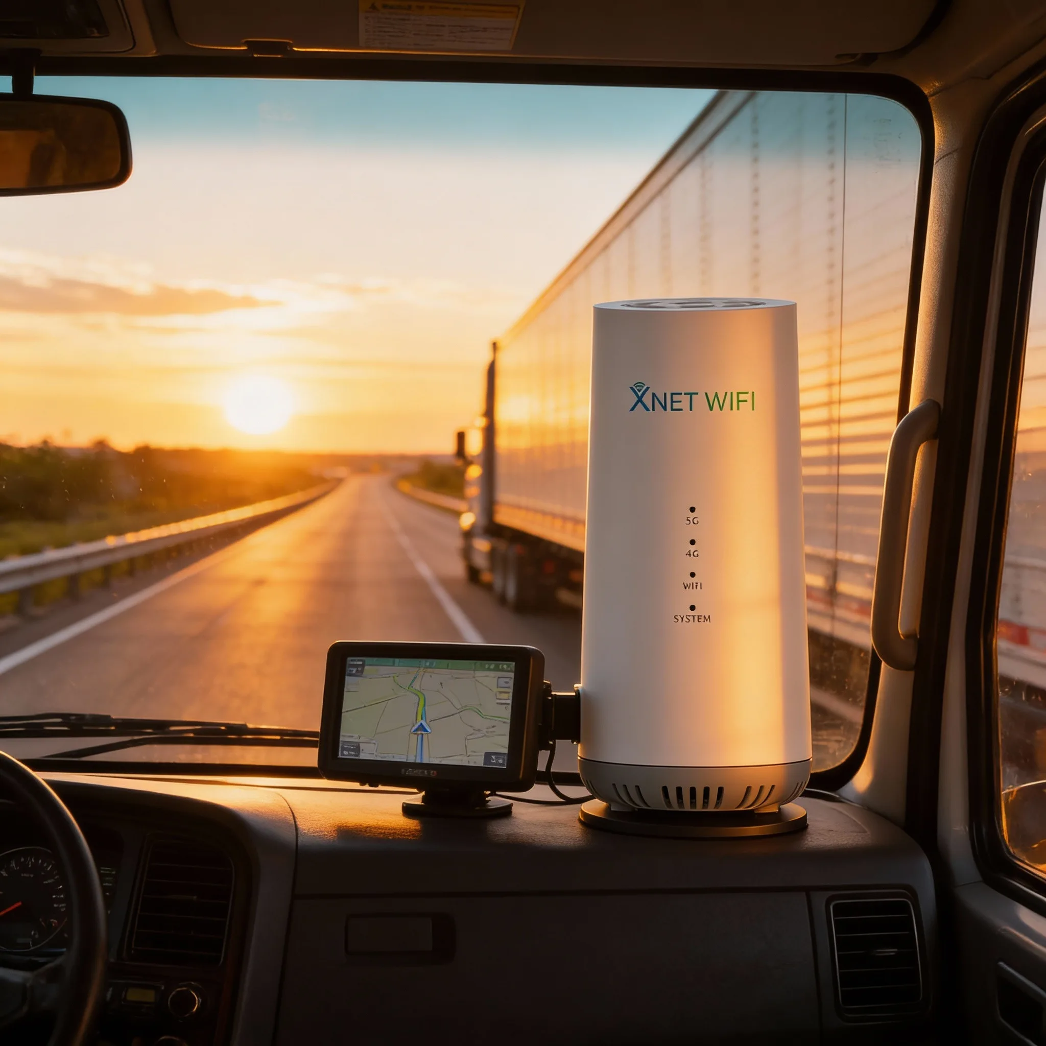 View from the passenger side of a semi-truck showing a white 5G router on the dash while driving past another truck on the highway.
