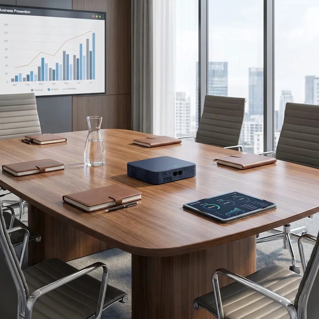 XNET X-Titan 5G Business Grade Router on a conference room table with notebooks, a tablet showing analytics, and a business presentation on the wall screen.