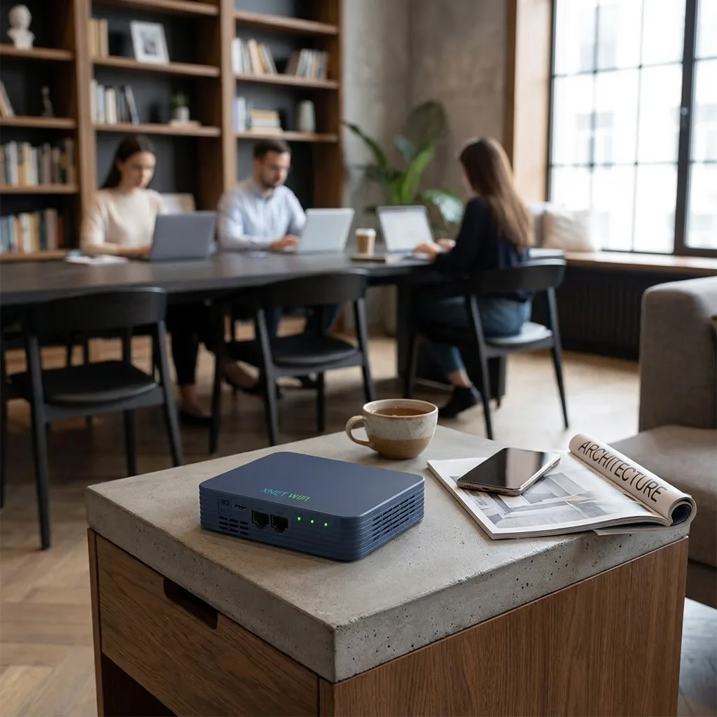 XNET X-Titan 5G Business Grade Router on a side table in a coworking lounge, with people working on laptops at a long table in the background.