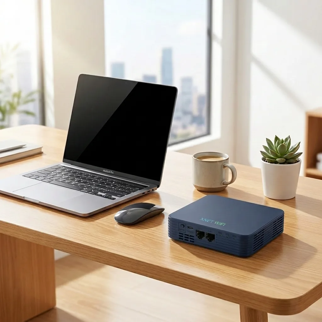 XNET X-Titan 5G Business Grade Router on a wooden desk next to a laptop, mouse, and coffee mug in a bright home office.